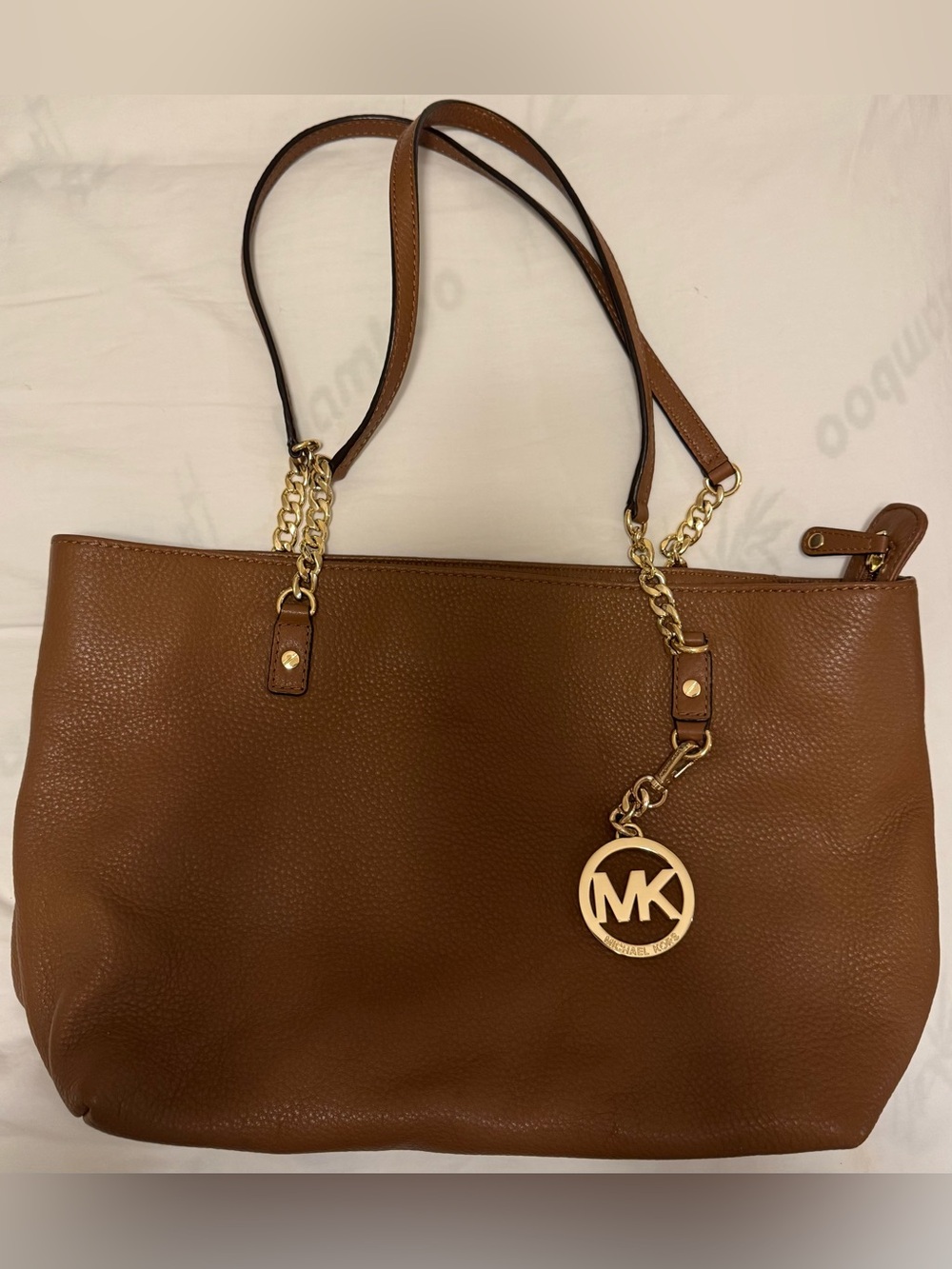 Michael Kors Cognac Pebble Leather Shoulder Bag with Gold MK Charm